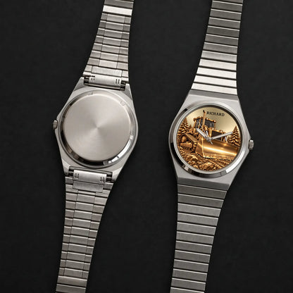 Front and back views of the Signature Round personalized bulldozer watch