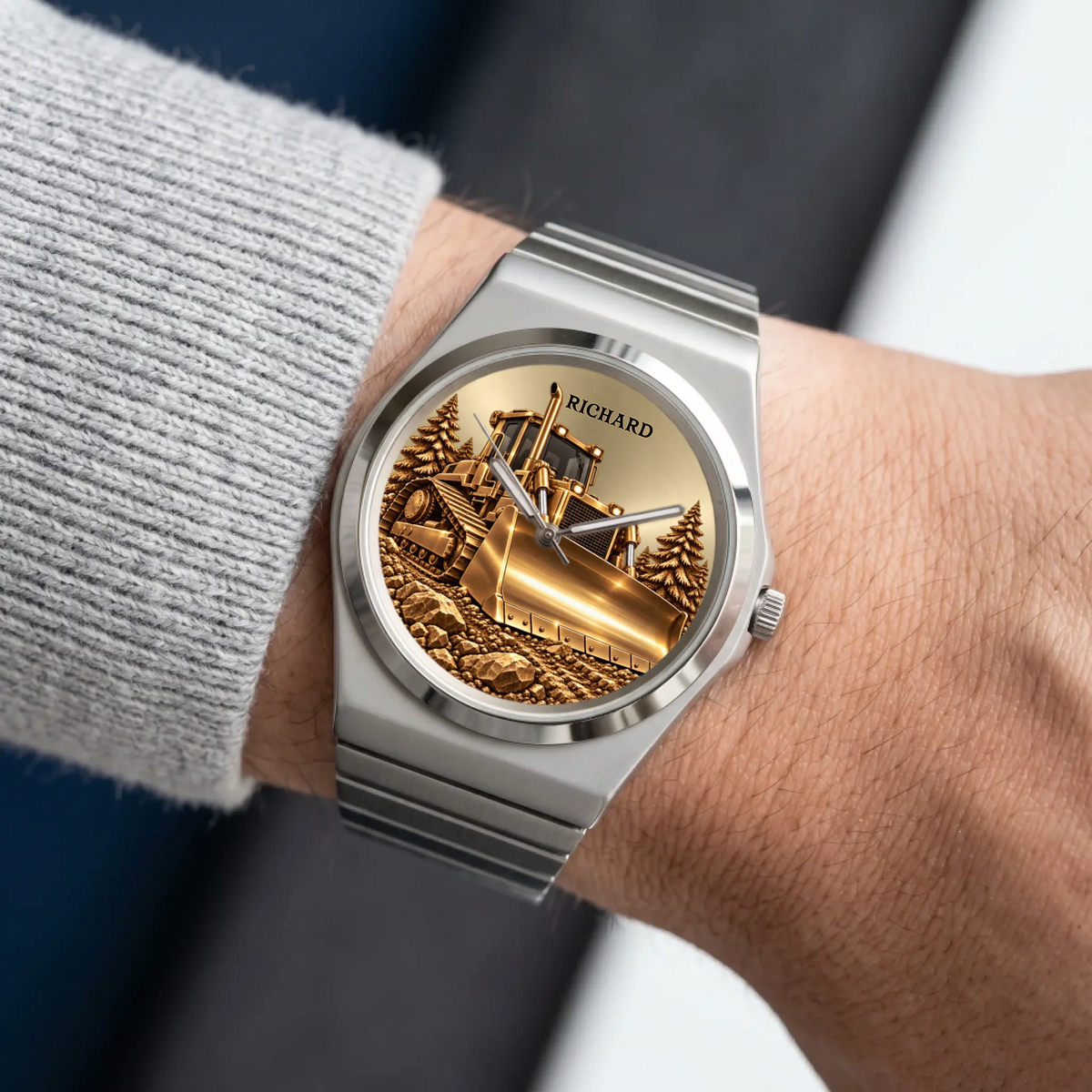 Signature Round custom name bulldozer watch worn beside a gray sleeve