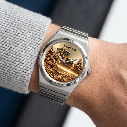 Signature Round custom name bulldozer watch worn beside a gray sleeve