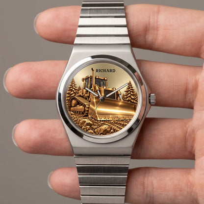 Signature Round personalized bulldozer watch held in a hand, showing dial and bracelet