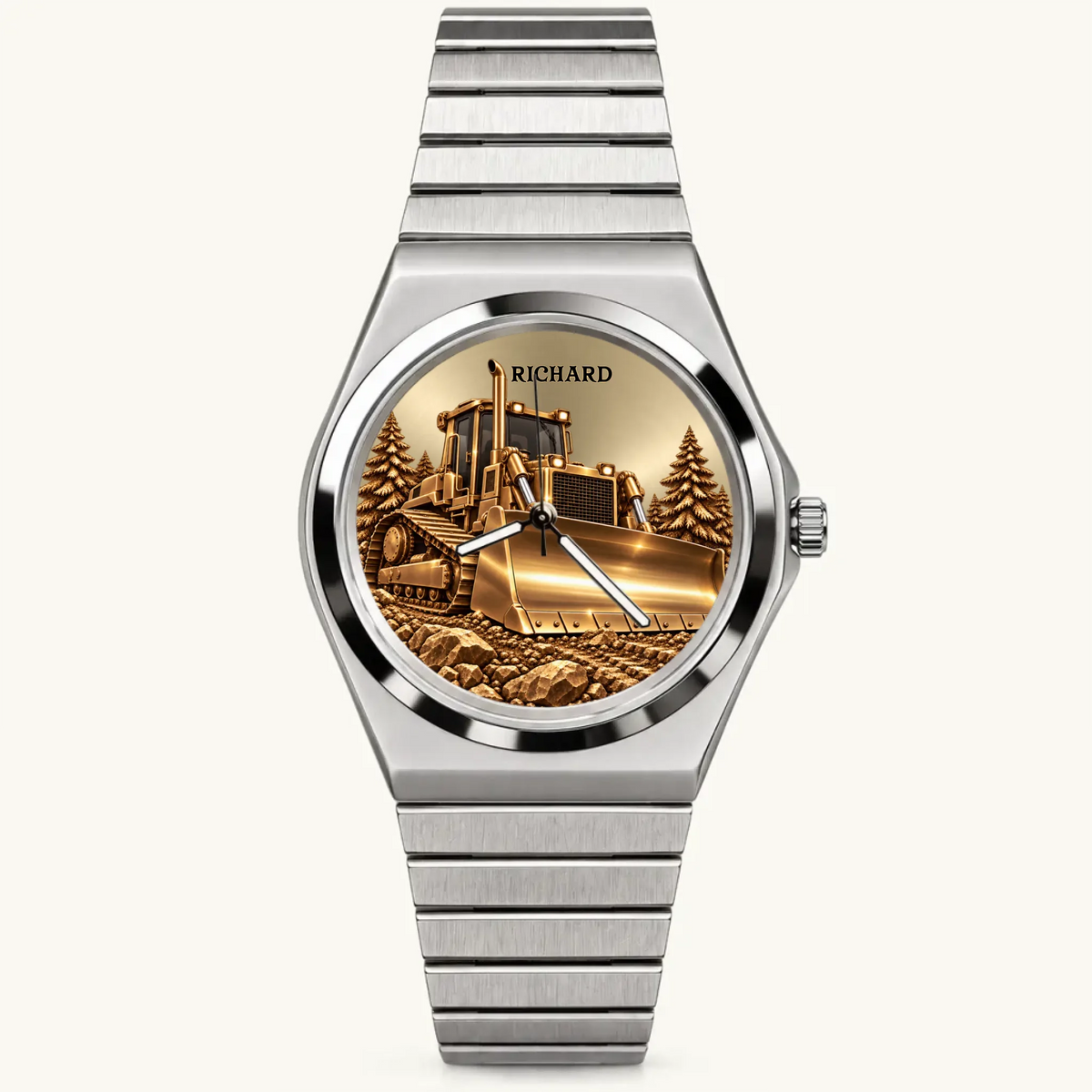 Silver-tone Signature Round personalized bulldozer watch with wide link bracelet, front view