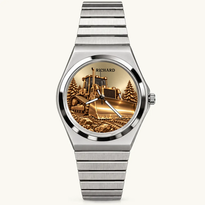 Silver-tone Signature Round personalized bulldozer watch with wide link bracelet, front view