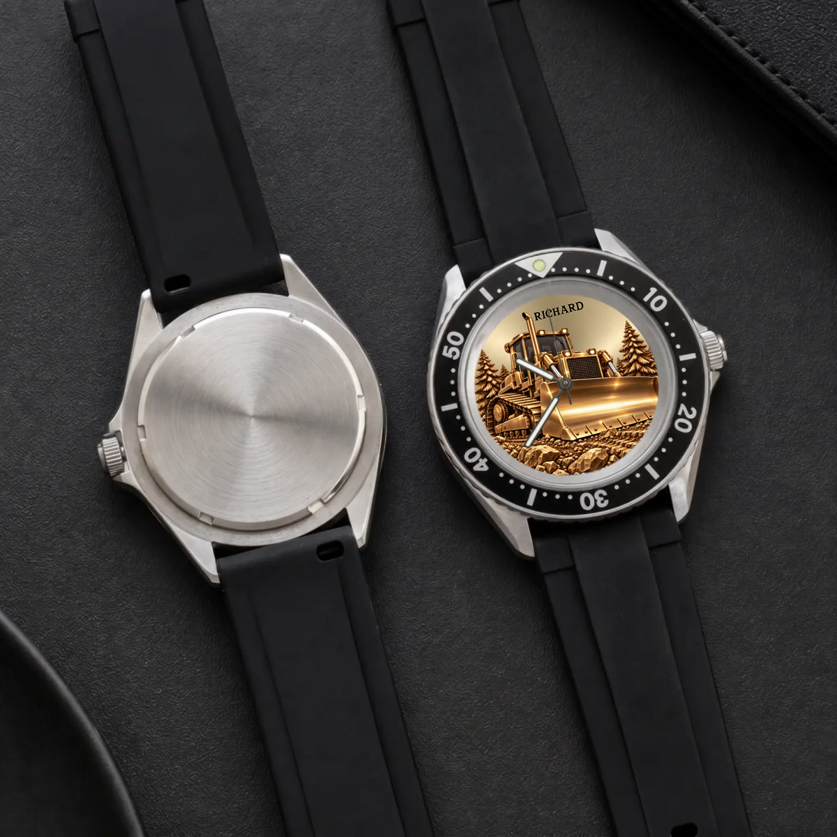 Front and back views of the RIFT DIVER custom bulldozer watch with black strap