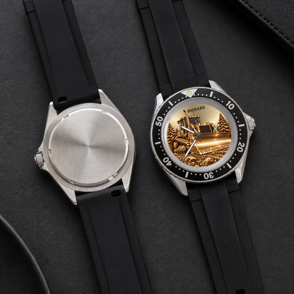 Front and back views of the RIFT DIVER custom bulldozer watch with black strap
