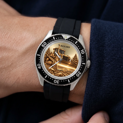 RIFT DIVER personalized bulldozer watch worn beside a dark navy sleeve