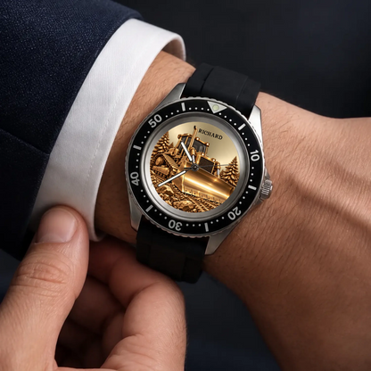 RIFT DIVER custom name bulldozer watch worn beside a white shirt cuff and navy jacket