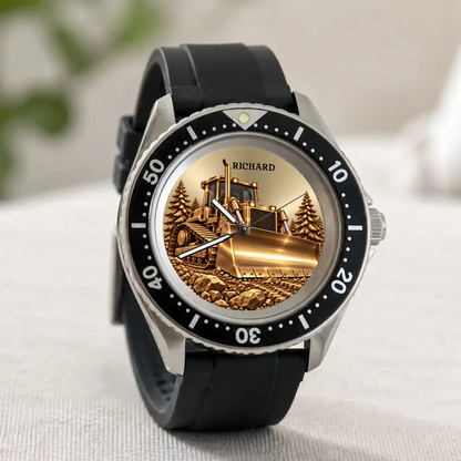 RIFT DIVER custom name bulldozer watch standing on a light fabric surface