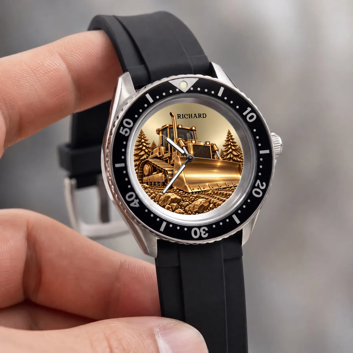 RIFT DIVER personalized bulldozer watch with custom name held upright in a hand