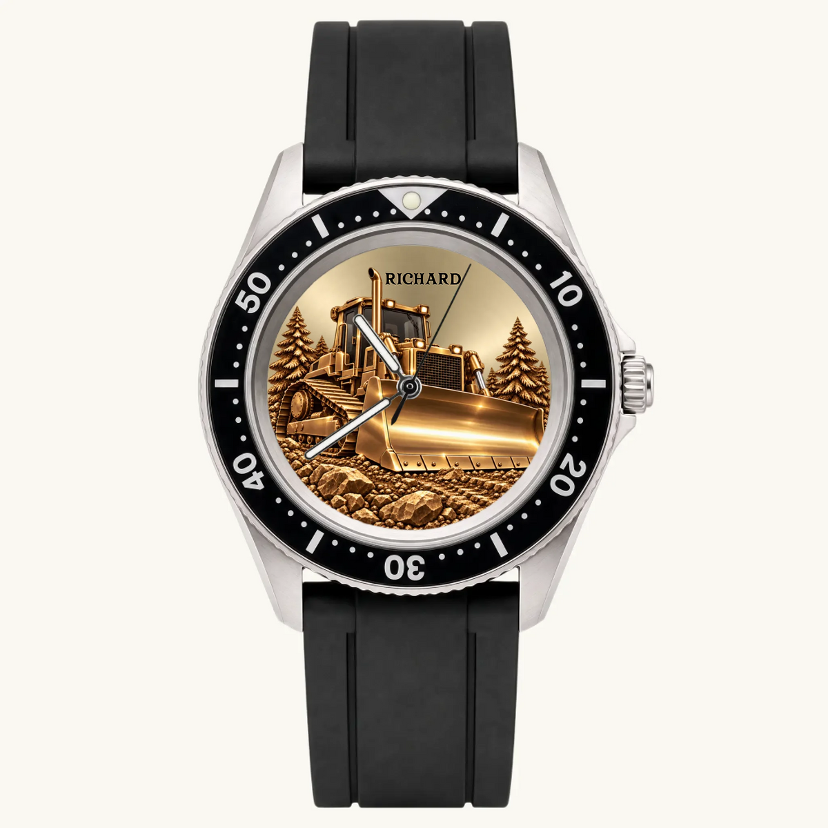 RIFT DIVER personalized bulldozer watch with black strap and numbered bezel, front view