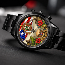 Personalized Puerto Rican pride watch - black metal bracelet, angled view on a dark surface