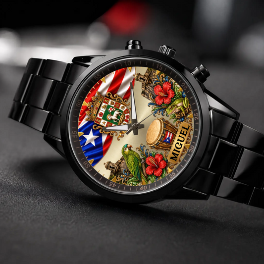 Personalized Puerto Rican pride watch - black metal bracelet, angled view on a dark surface