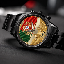 Personalized Portugal heritage watch - black metal bracelet, angled view on a dark surface