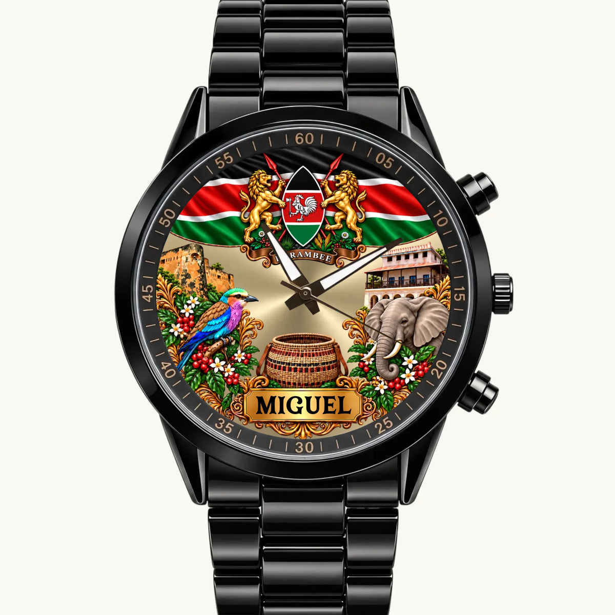 Personalized Kenya watch with custom name, flag and coat of arms on a black Racing Metal bracelet