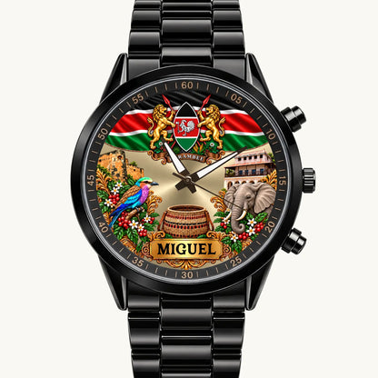 Personalized Kenya watch with custom name, flag and coat of arms on a black Racing Metal bracelet