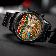 Angled view of the black Racing Metal Kenya flag watch with custom name and elephant artwork