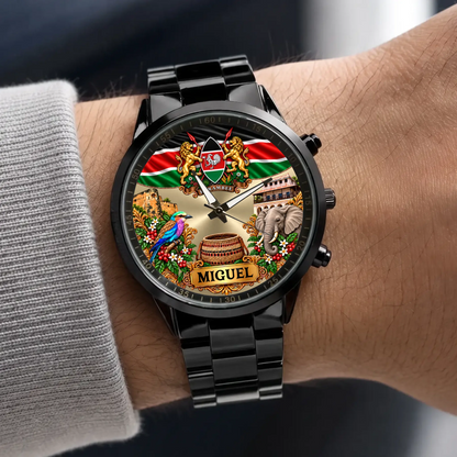 Black personalized Kenya watch worn on the wrist beside a gray sleeve