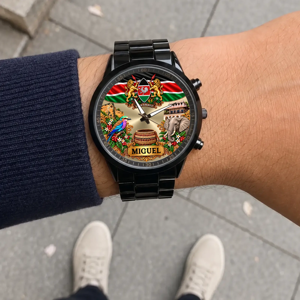 Racing Metal Kenya heritage watch with black bracelet shown on the wrist outdoors