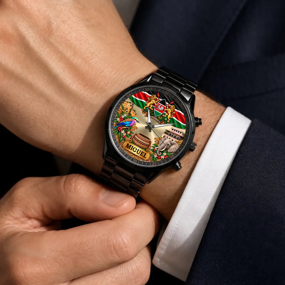 Custom name Kenya coat of arms watch with black metal bracelet worn with a suit