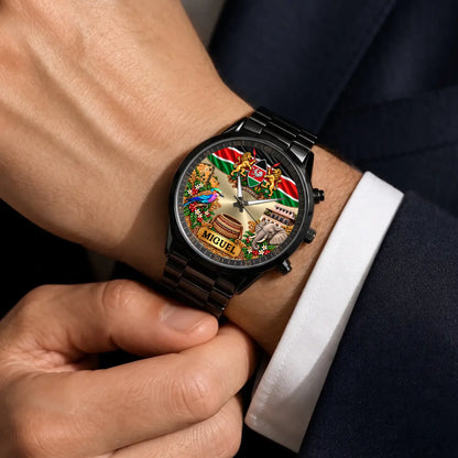 Custom name Kenya coat of arms watch with black metal bracelet worn with a suit