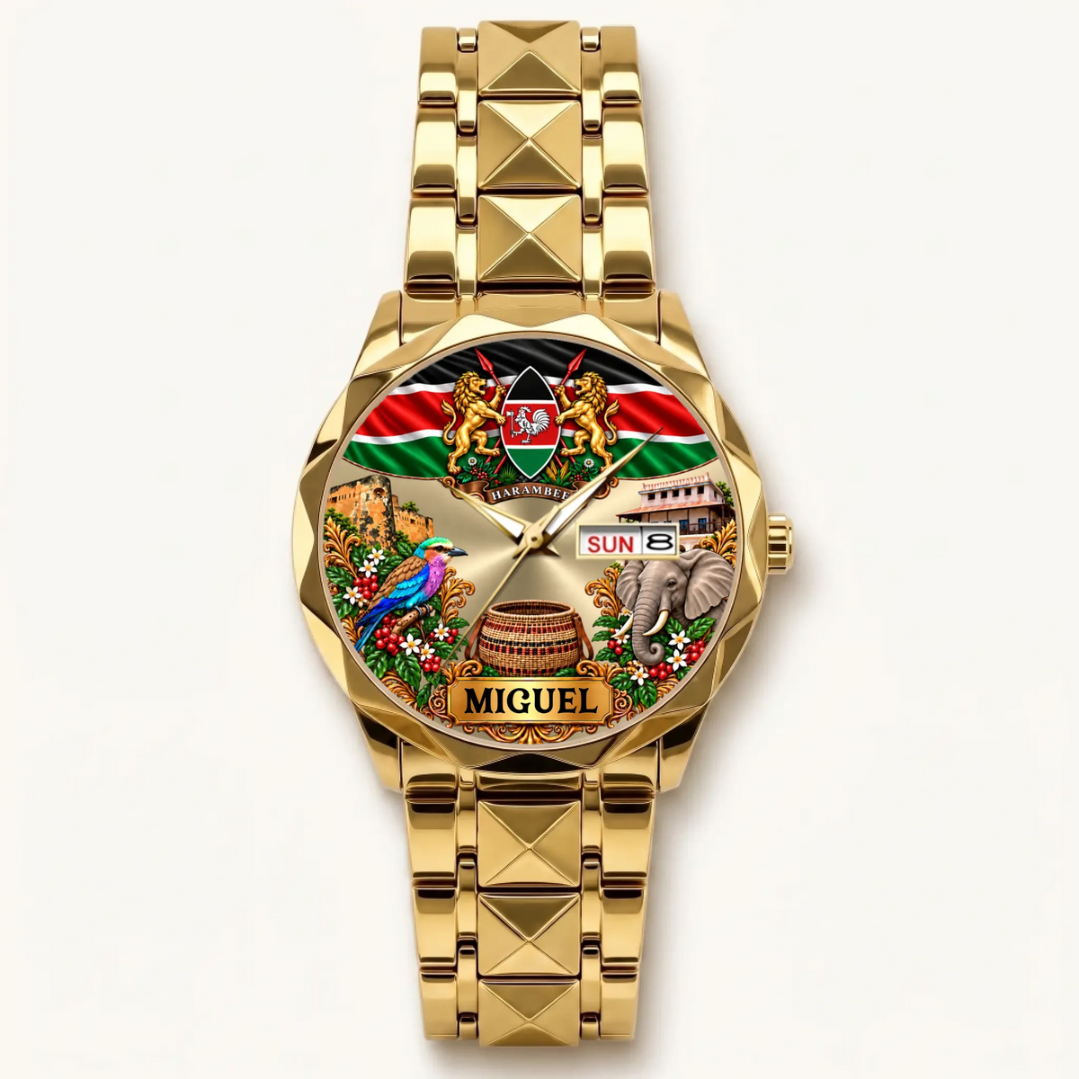 Gold-tone Prestige Calendar Kenya watch with custom name, flag and day-date window