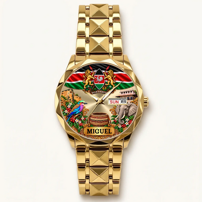 Gold-tone Prestige Calendar Kenya watch with custom name, flag and day-date window
