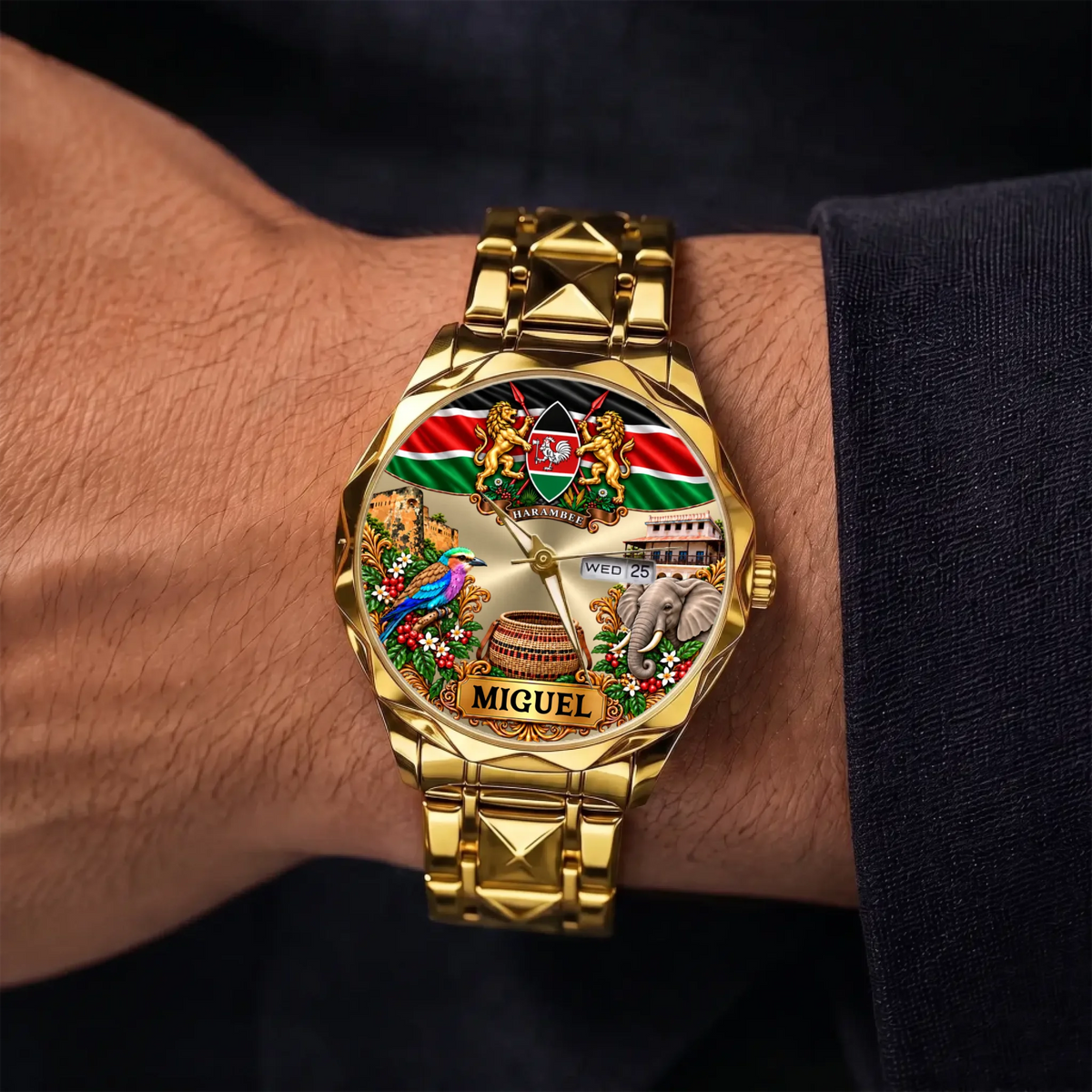 Gold-tone personalized Kenya calendar watch worn on the wrist