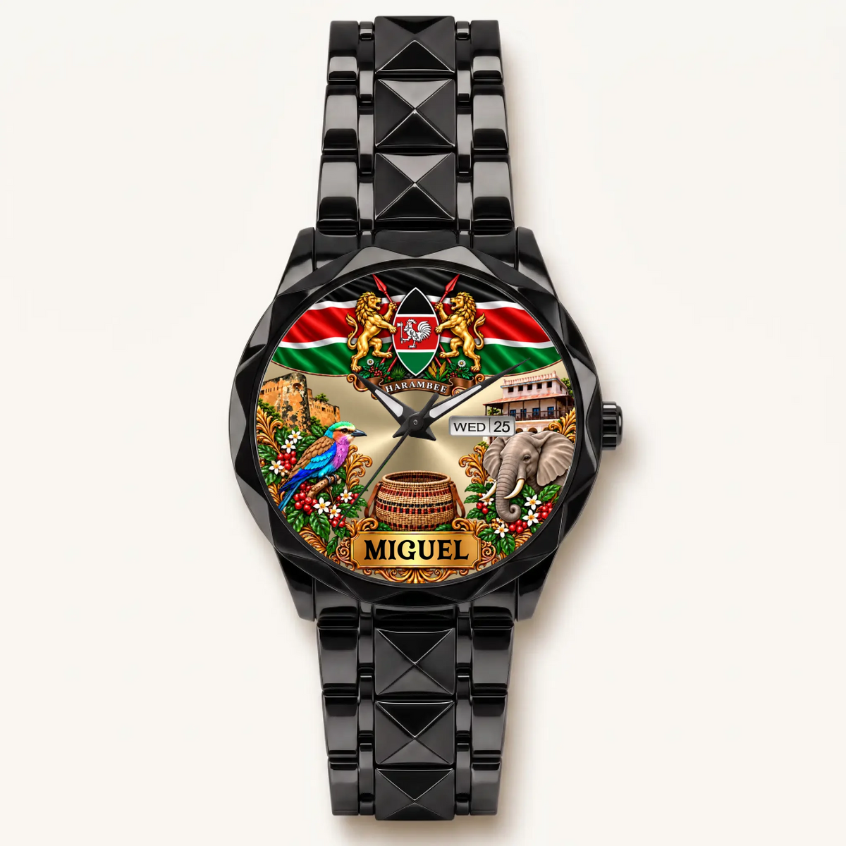 Black Prestige Calendar Kenya flag watch with custom name and geometric bracelet