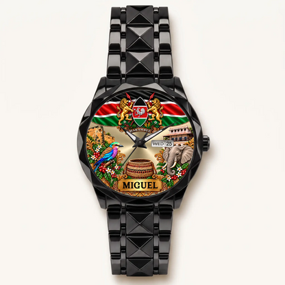 Black Prestige Calendar Kenya flag watch with custom name and geometric bracelet