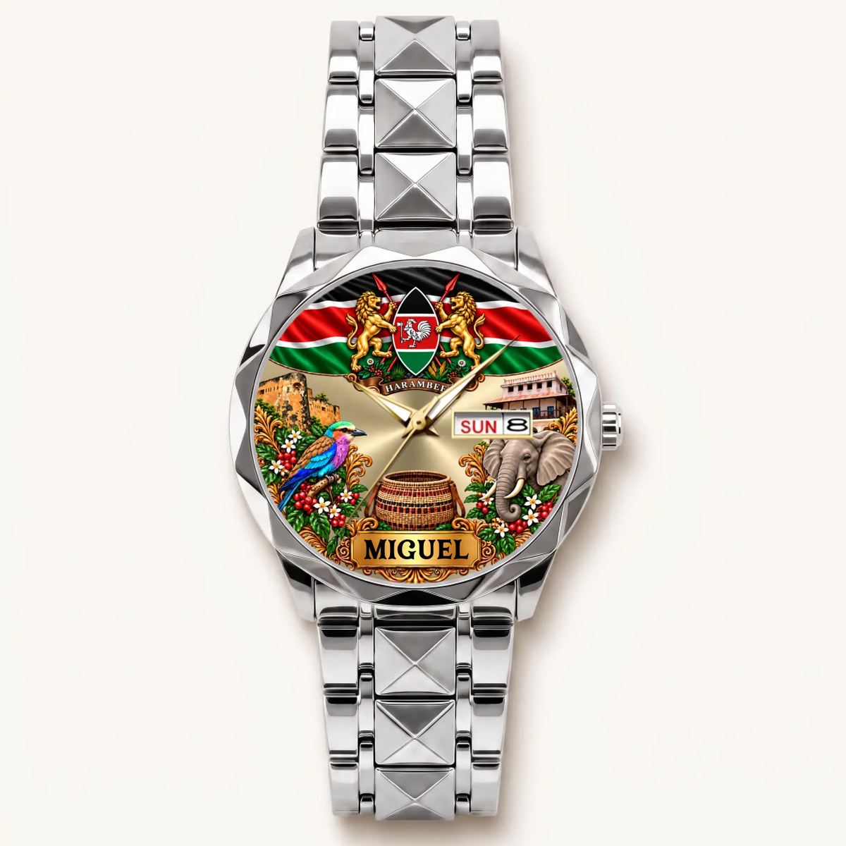 Silver-tone Prestige Calendar Kenya watch with custom name and day-date display