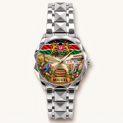 Silver-tone Prestige Calendar Kenya watch with custom name and day-date display
