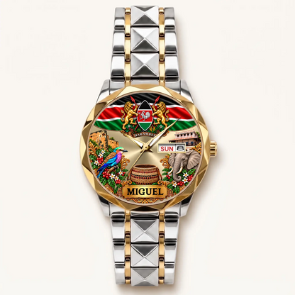 Two-tone Kenya flag watch with gold-tone bezel, custom name and calendar display