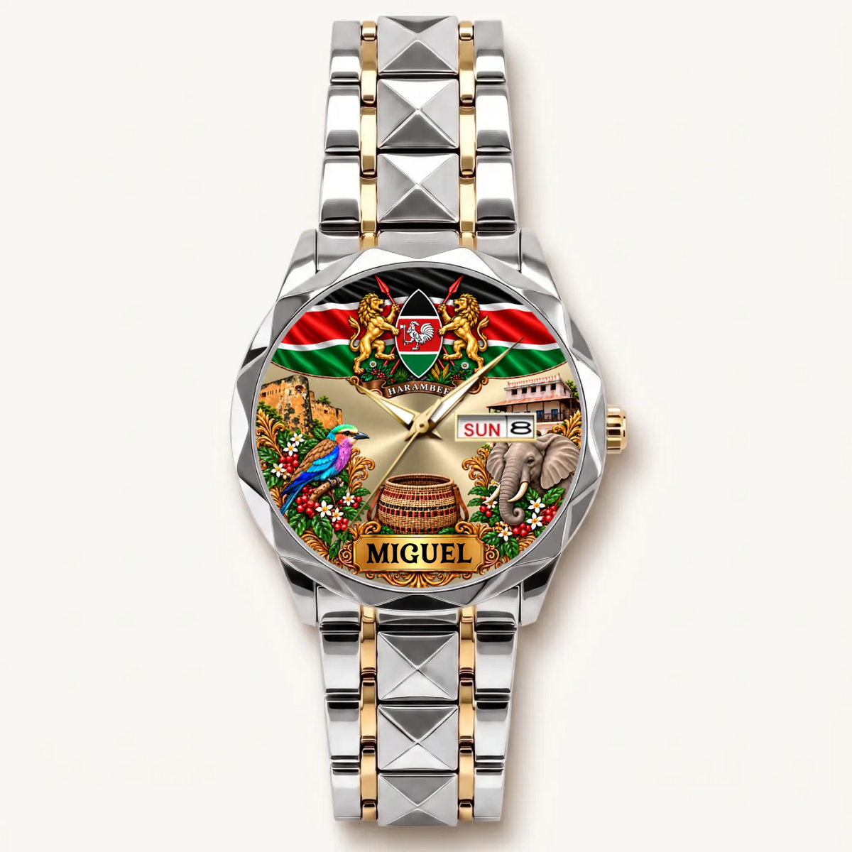 Two-tone personalized Kenya calendar watch with silver-tone bezel and gold-tone bracelet accents