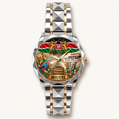 Two-tone personalized Kenya calendar watch with silver-tone bezel and gold-tone bracelet accents