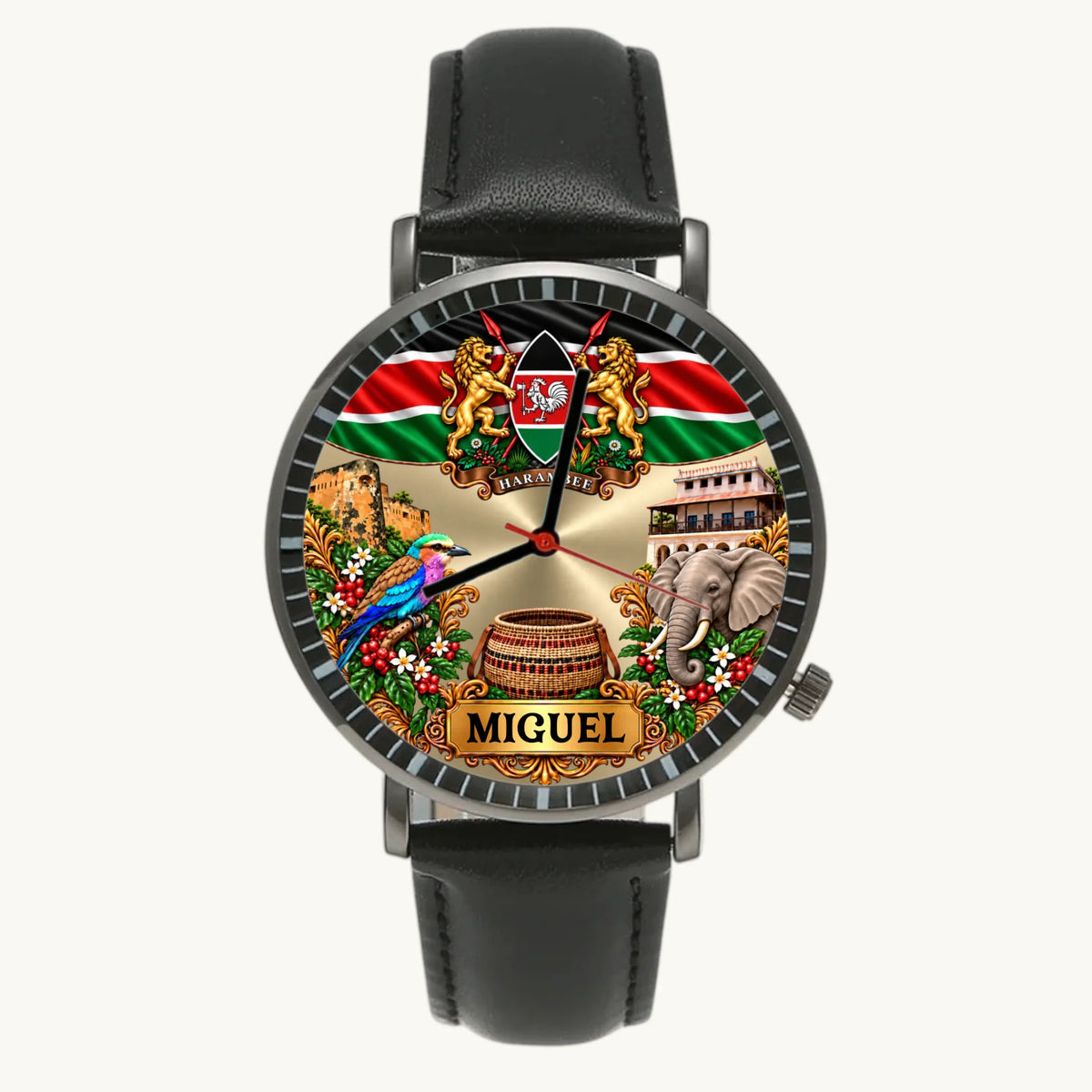 Men's personalized Kenya watch with black leather strap and flag and coat of arms dial
