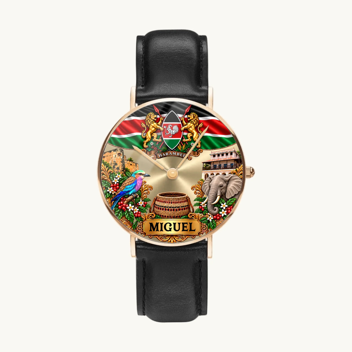 Women's Kenya heritage watch with custom name, gold-tone case and black leather strap