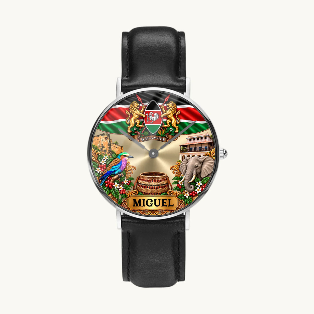 Women's personalized Kenya flag watch with silver-tone case and black leather strap