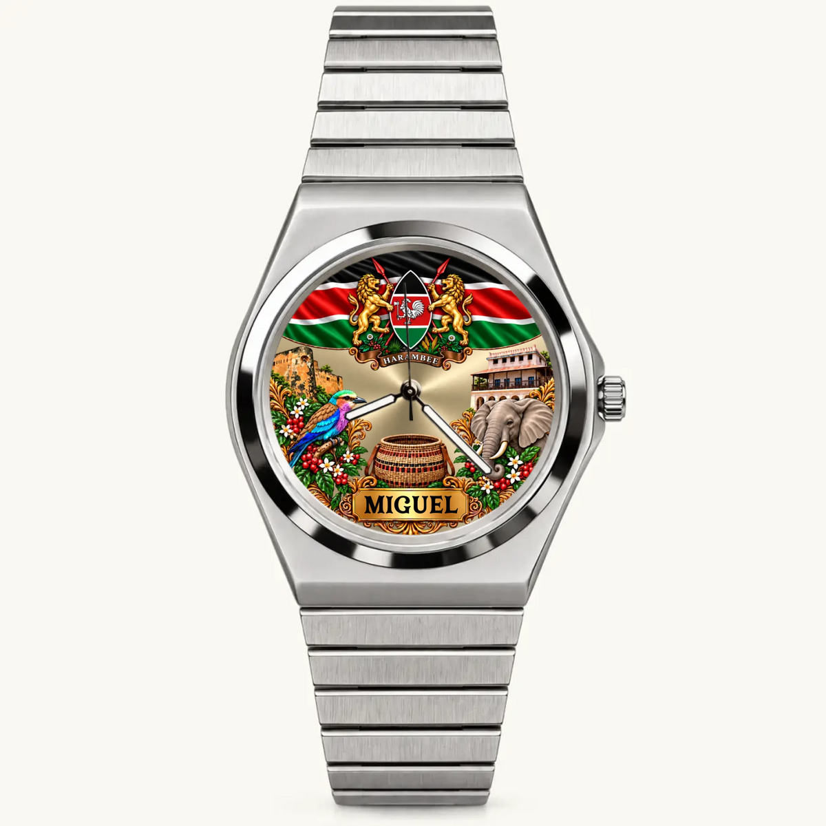 Signature Round personalized Kenya watch with silver-tone bracelet and custom name dial
