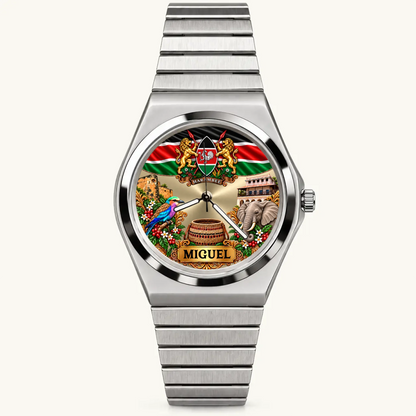 Signature Round personalized Kenya watch with silver-tone bracelet and custom name dial