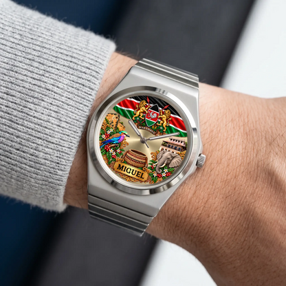 Silver-tone Signature Round Kenya heritage watch worn beside a gray sweater sleeve