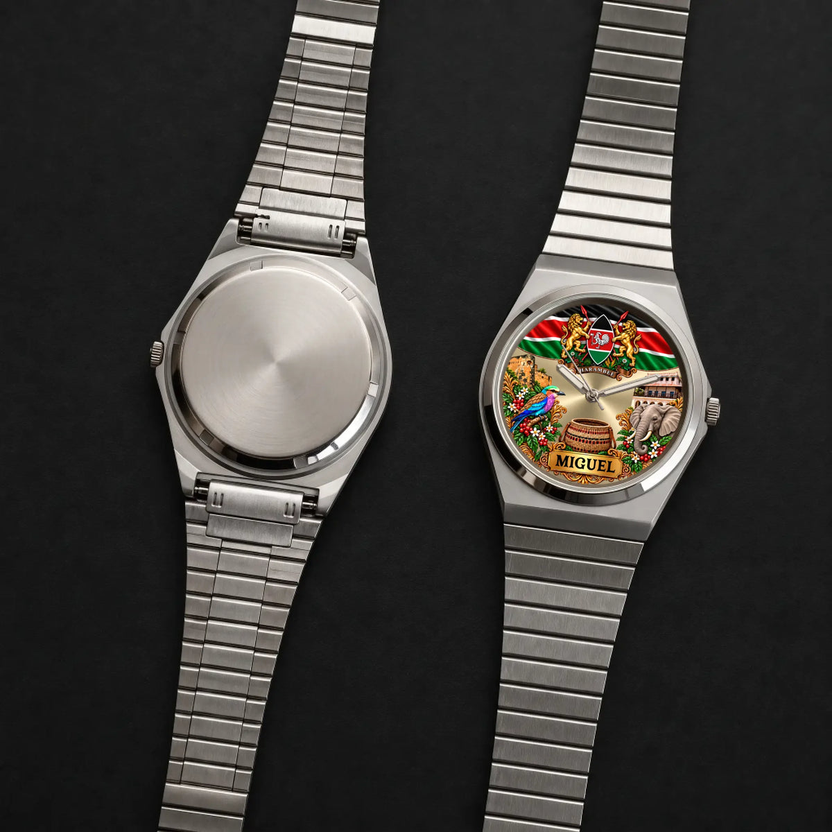 Front and back views of the silver-tone Signature Round personalized Kenya watch