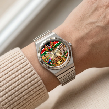 Silver-tone Kenya flag watch with custom name worn beside a cream sweater sleeve