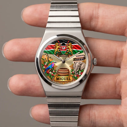 Hand-held close-up of the Signature Round Kenya coat of arms watch and personalized name area