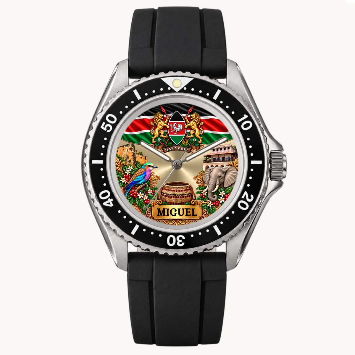 RIFT DIVER personalized Kenya watch with black strap, numbered bezel and custom name dial