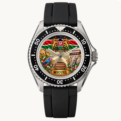 RIFT DIVER personalized Kenya watch with black strap, numbered bezel and custom name dial