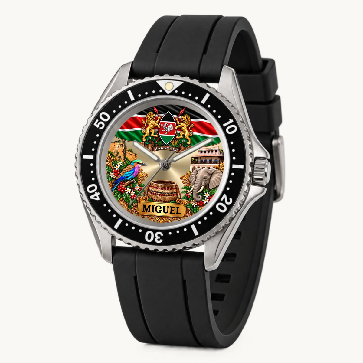 Angled view of the RIFT DIVER Kenya flag watch with black strap and silver-tone case