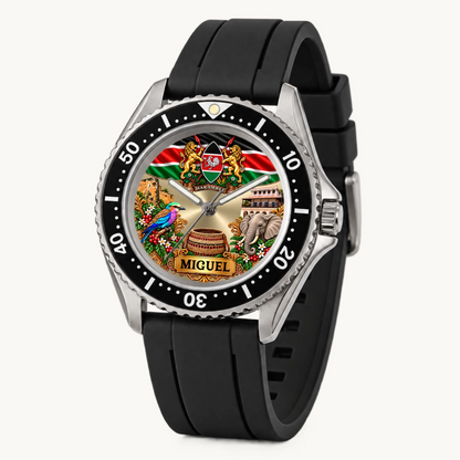 Angled view of the RIFT DIVER Kenya flag watch with black strap and silver-tone case