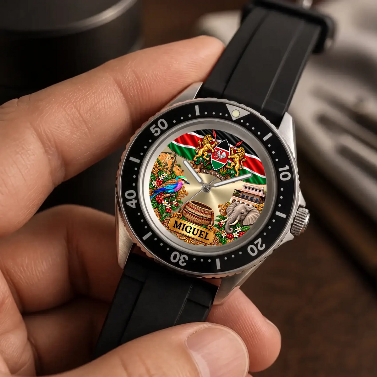 RIFT DIVER personalized Kenya heritage watch held in the hand, showing the detailed dial