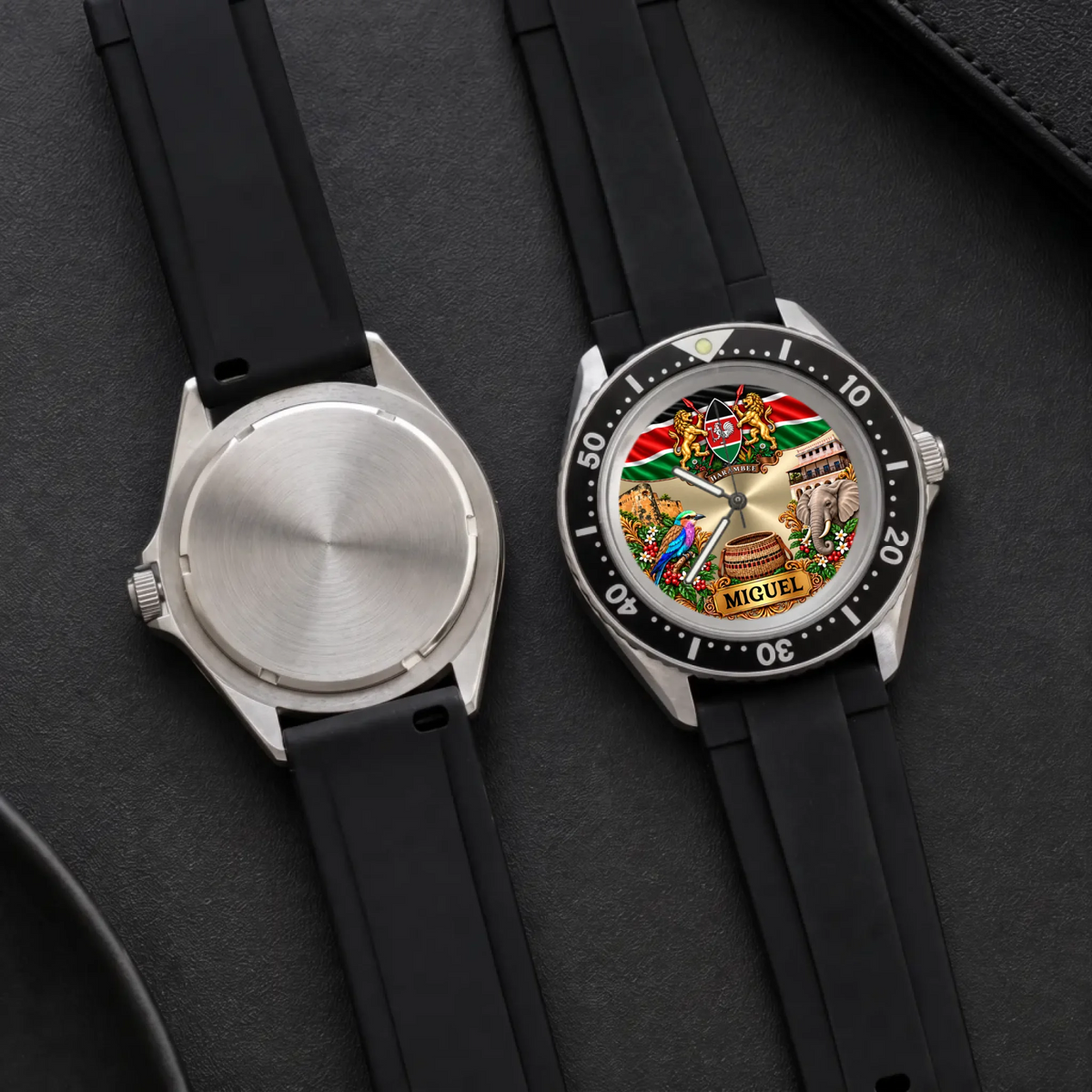 Front and back views of the RIFT DIVER personalized Kenya watch with black strap