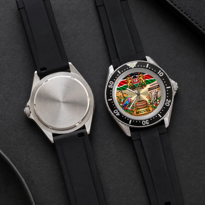 Front and back views of the RIFT DIVER personalized Kenya watch with black strap
