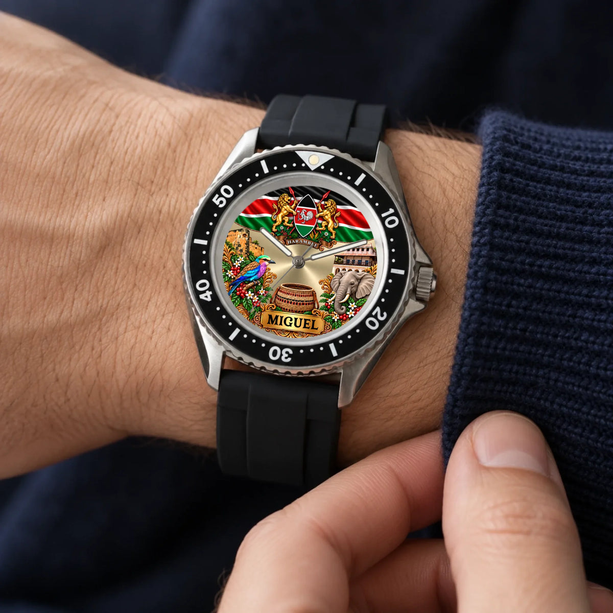 RIFT DIVER Kenya coat of arms watch with custom name worn beside a navy sleeve